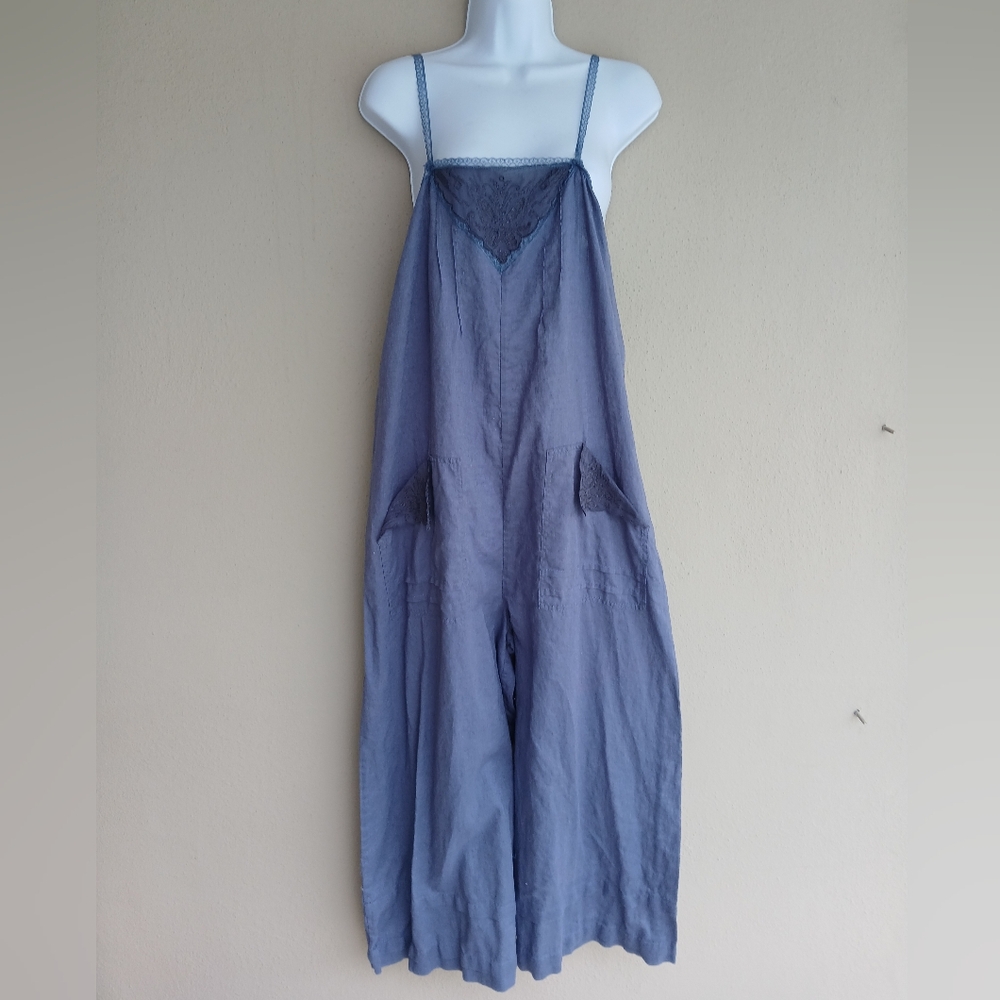 Intimately by Free People Linen Blend Blue Sleeveless Wide Leg Jumpsuit Medium